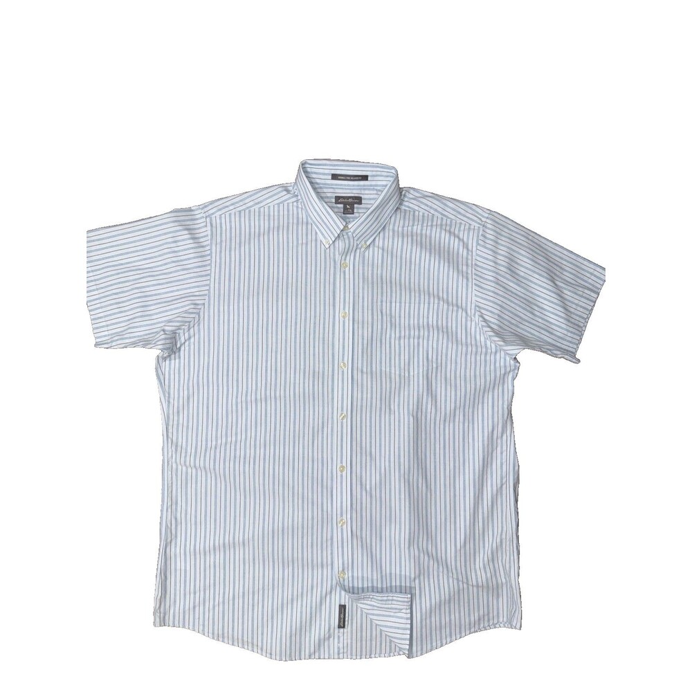 Eddie Bauer Men’s Short Sleeve Button Down Blue Stripe Wrinkle Free TXL